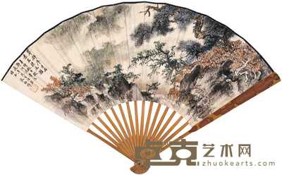 朱梅邨 萧退闇 1951年作 翠壁飞泉 行书 成扇 